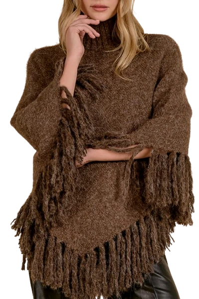 Women's Elan | Turtle-Neck Sweater with Fringe  | Brown