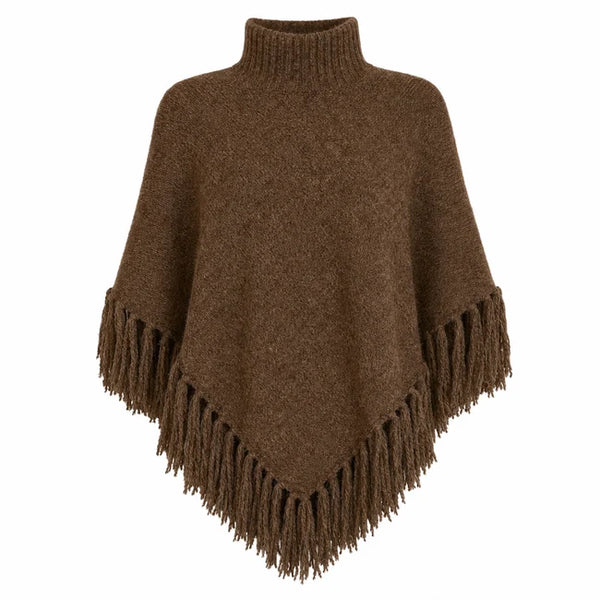 Women's Elan | Turtle-Neck Sweater with Fringe  | Brown