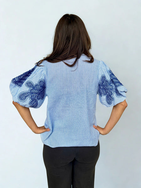Women's THML | Puff Sleeve Striped All Cotton Top | Blue