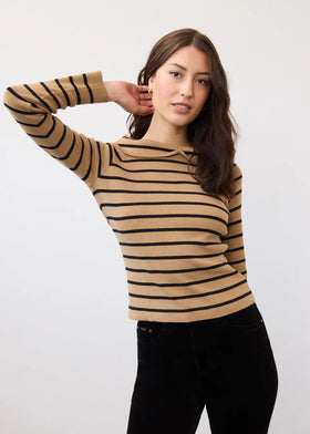 Women's French Dressing | Long Sleeve Off the Shoulder Sweater | Caramel & Black Stripes