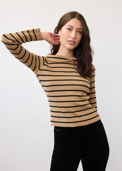 Women's French Dressing | Long Sleeve Off the Shoulder Sweater | Caramel & Black Stripes