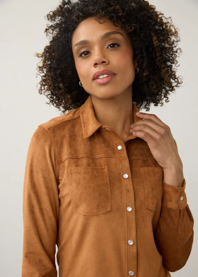 Women's French Dressing | Long Sleeve Suede Button-down Top | Dark Caramel