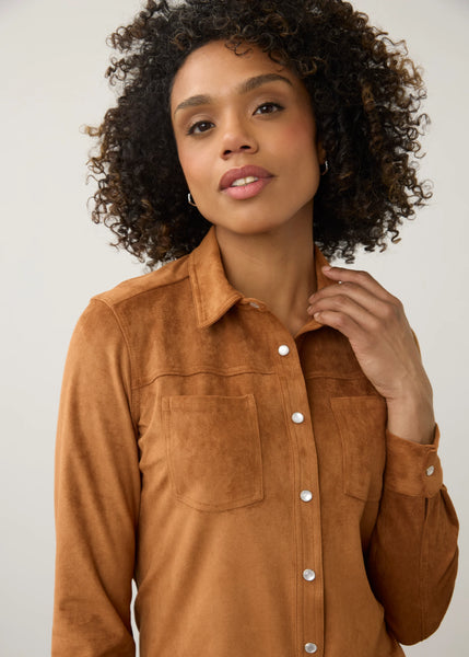 Women's French Dressing | Long Sleeve Suede Button-down Top | Dark Caramel
