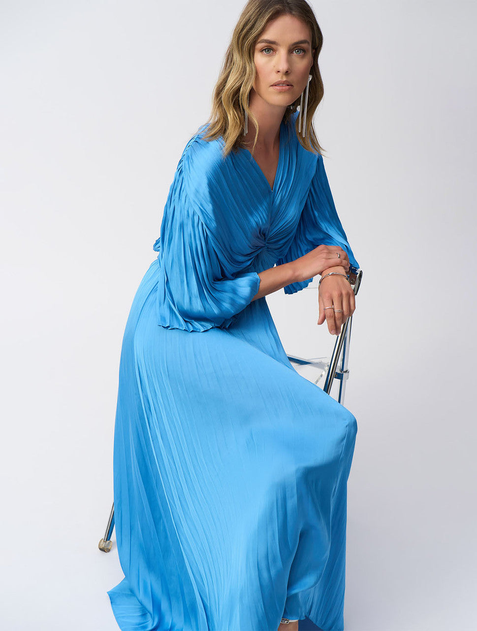 Joseph Ribkoff Coastal Blue Pleated Satin Midi Dress Style 251903 Joseph Ribkoff Coastal Blue Pleated Satin Midi Dress Style 251903