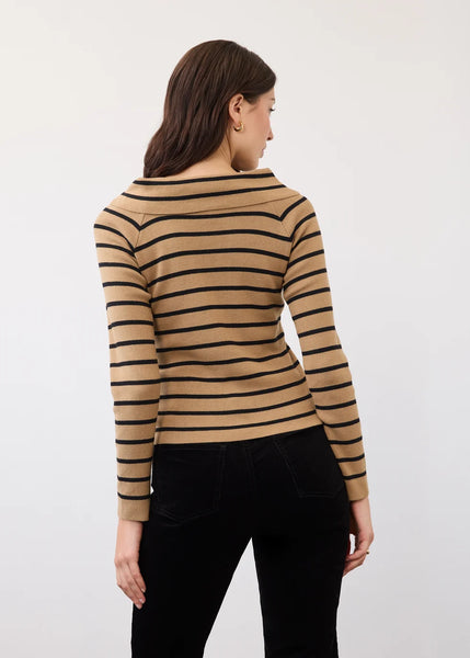 Women's French Dressing | Long Sleeve Off the Shoulder Sweater | Caramel & Black Stripes