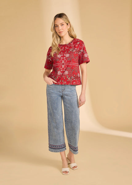 Women's French Dressing | Short Sleeve Foil Print Top | Red Polynesian Block Print