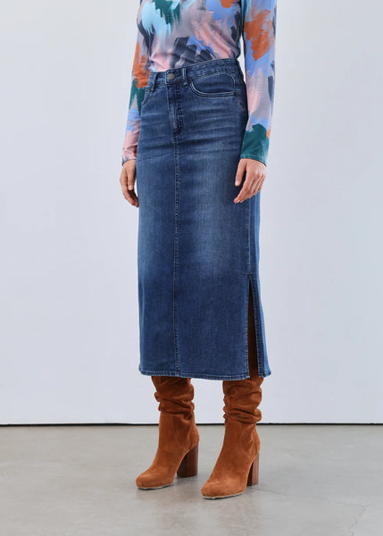 Women's French Dressing | Slit Denim Column Midi Skirt | Dark Wash
