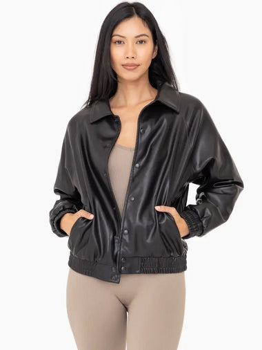 Women's Mono B | Vegan Leather Bomber Jacket | Black Front