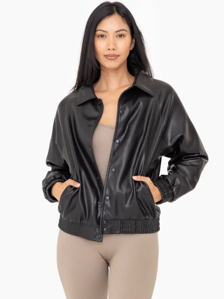 Women's Mono B | Vegan Leather Bomber Jacket | Black Front