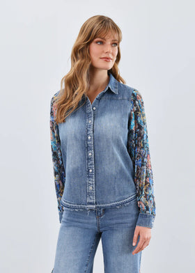 Women's French Dressing | Pleated Sleeve Chambray Shirt | Watercolor Damask