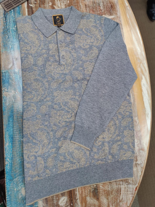 Men's Cigar | Paisley Knitted Polo Shirt | Grey