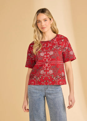 Women's French Dressing | Short Sleeve Foil Print Top | Red Polynesian Block Print
