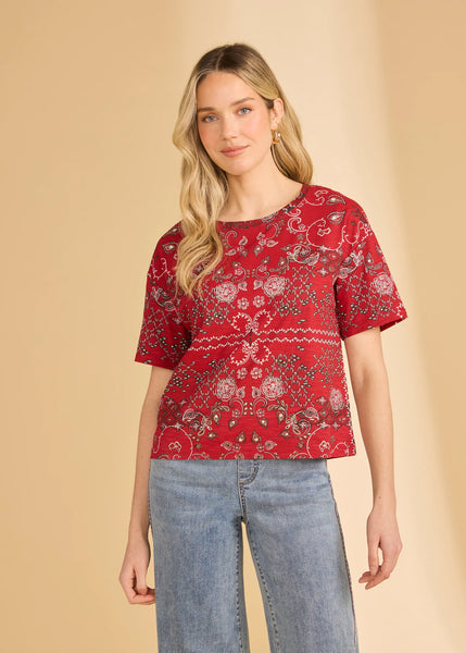 Women's French Dressing | Short Sleeve Foil Print Top | Red Polynesian Block Print