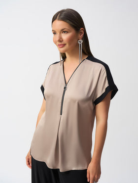 Women's Joseph Ribkoff | Casual V-Neck Zipper Top | Dune and Black