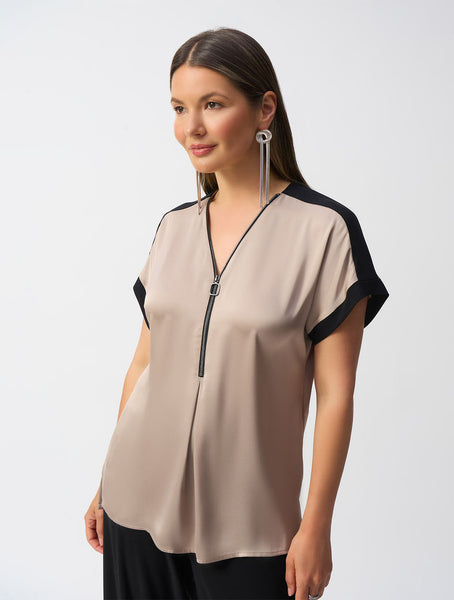 Women's Joseph Ribkoff | Casual V-Neck Zipper Top | Dune and Black