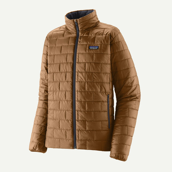 A brown Patagonia quilted puffer jacket with a stand-up collar, front zipper, and a small Patagonia logo patch on the left chest, shown on a plain white background.