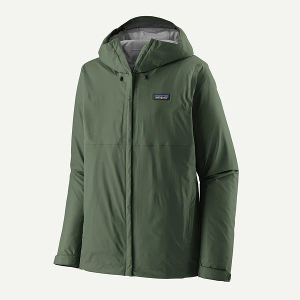 An olive green hooded jacket by Patagonia, featuring a full zip front, snap button placket, and the signature Patagonia logo patch on the left chest, shown against a light off-white background.