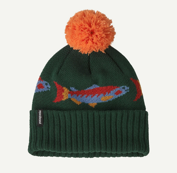 Kid's Patagonia | Powder Town Beanie | Salmon Energy Stripe: Old Growth Green