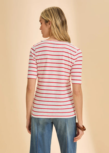 Women's French Dressing | Elbow Sleeve Fringed Neck Top | Red/White