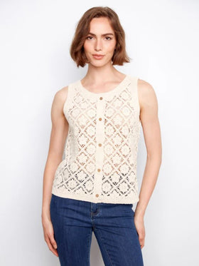 Women's Charlie B | Crochet Button Up Sleeveless Vest | Natural
