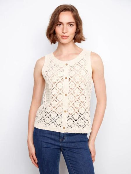 Women's Charlie B | Crochet Button Up Sleeveless Vest | Natural