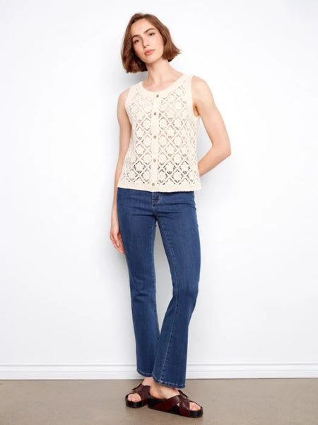 Women's Charlie B | Crochet Button Up Sleeveless Vest | Natural