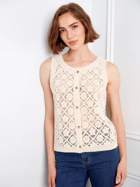 Women's Charlie B | Crochet Button Up Sleeveless Vest | Natural
