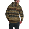 A man viewed from the back wearing a pullover hoodie with a complex geometric tribal pattern in olive green, brown, tan, and black, paired with dark pants against a white background.