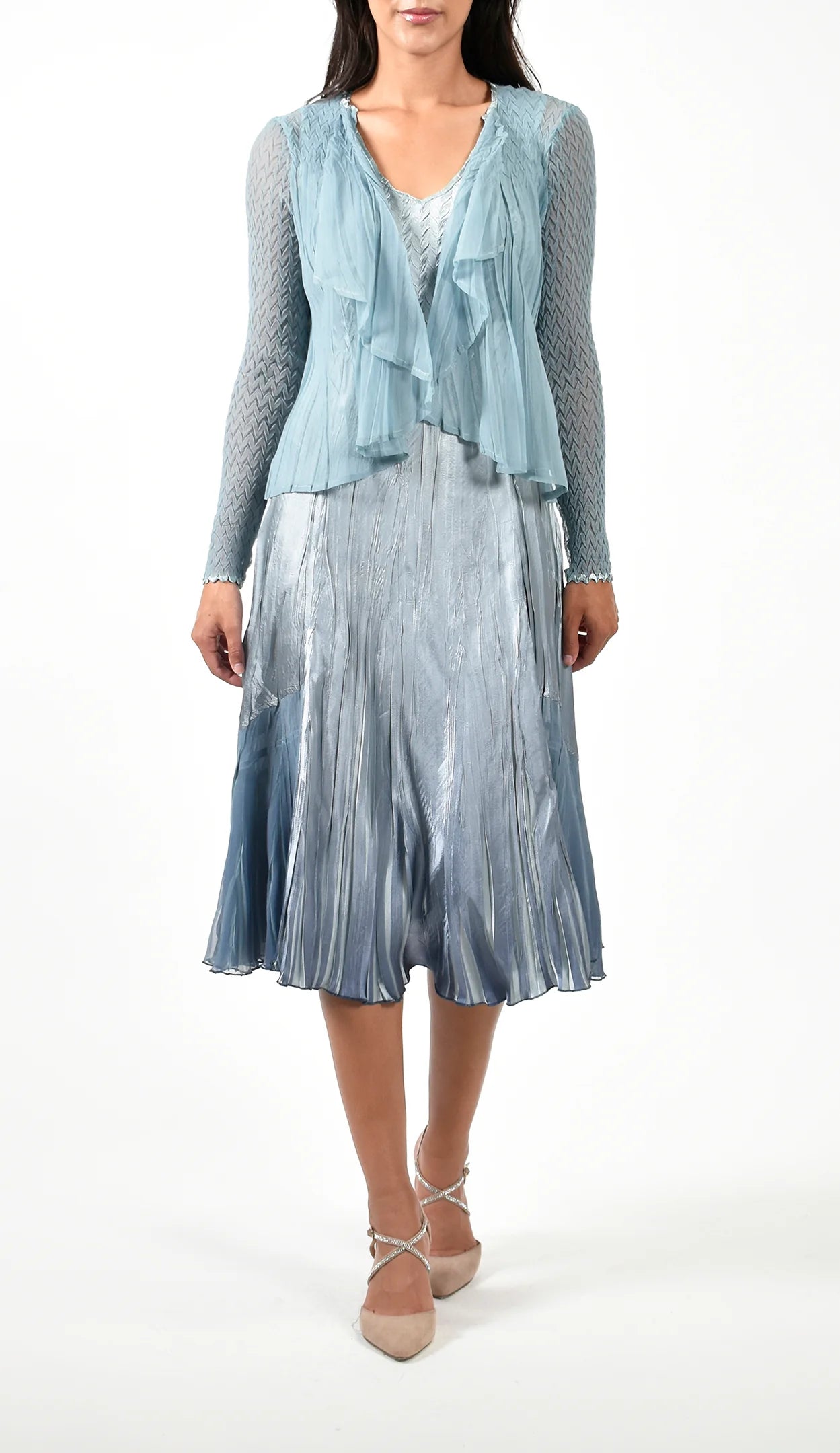 Komarov V-Neck Pleated Ruffle 2-Piece Jacket Dress, Womens, L, Ocean Blue Ombre Komarov V-Neck Pleated Ruffle 2-Piece Jacket Dress, Womens, L, Ocean Blue Ombre