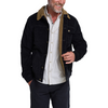 A man wearing a dark navy corduroy jacket with a tan sherpa-lined collar, layered over a white button-down shirt and dark trousers, shown against a plain white background.