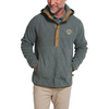 A man wearing a gray cable-knit quarter-zip fleece pullover with tan trim and a small shield logo on the left chest, paired with khaki pants, against a plain white background.
