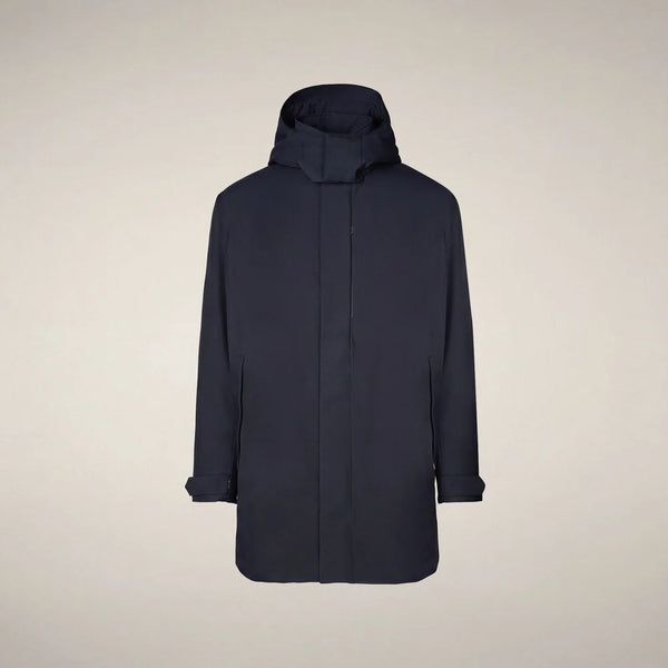 A dark navy hooded jacket displayed on a neutral beige background.