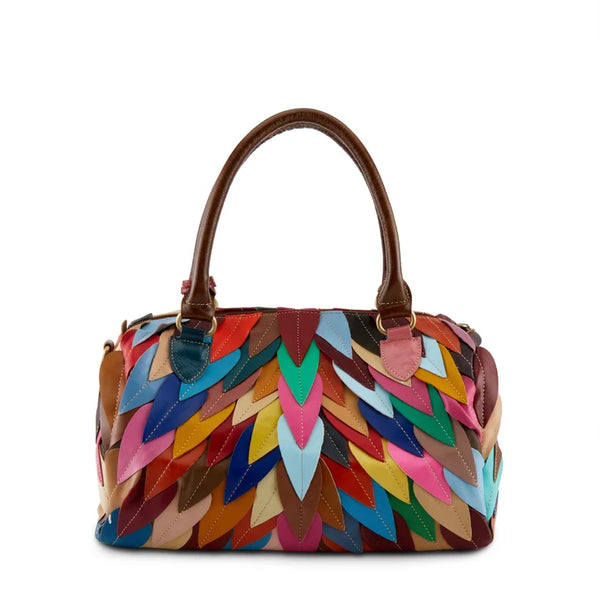 Colorful handbag with a pattern of multicolored triangles on a white background
