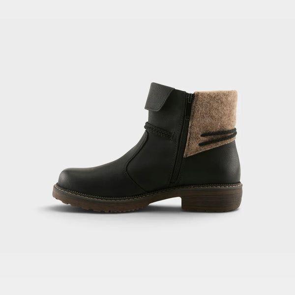 A black leather ankle boot with a brown felt lining and a side zipper