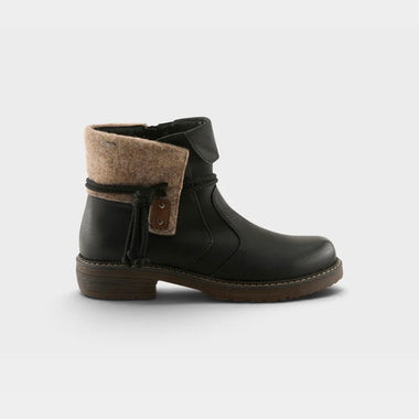A black leather ankle boot with a tan felt lining and a decorative black rope detail, shown from a side profile on a light gray background.