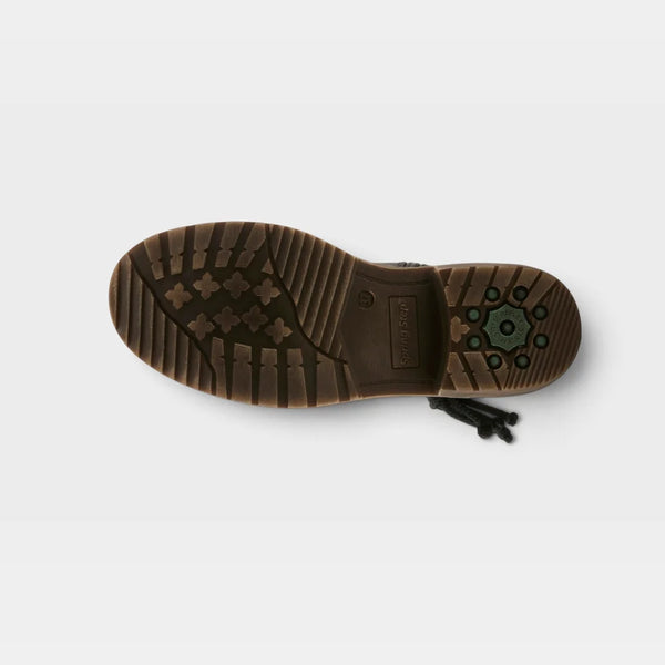 A top-down view of a brown rubber shoe sole with tread patterns and a small black pull tab, shown on a light gray background.