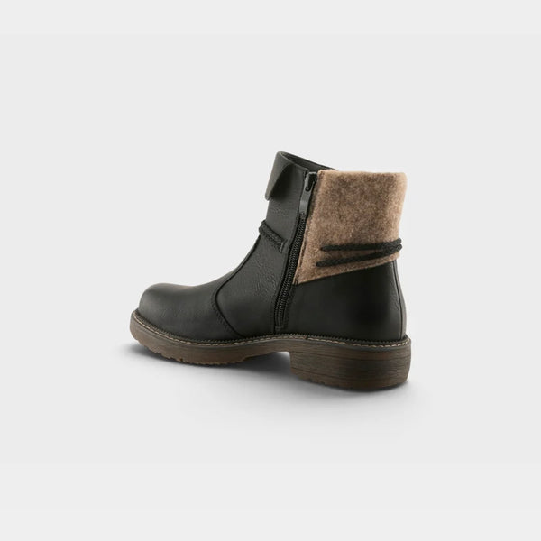 A black leather ankle boot with a brown felt lining and a side zipper, shown from a three-quarters angle on a light gray background.