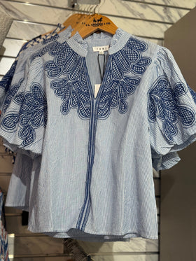 Women's THML | Puff Sleeve Striped All Cotton Top | Blue