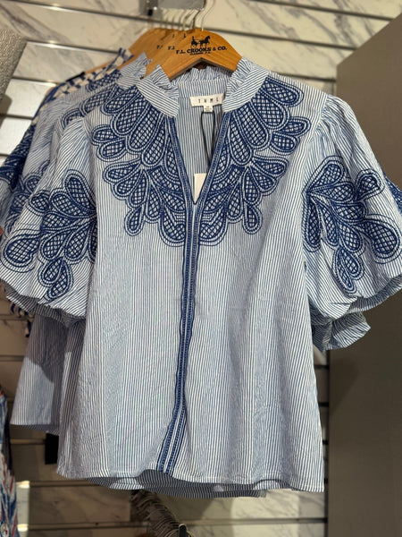 Women's THML | Puff Sleeve Striped All Cotton Top | Blue