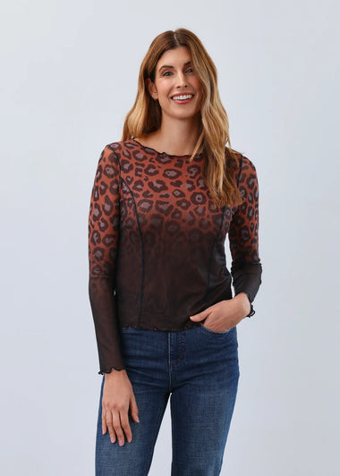 Women's French Dressing | Long Sleeve Boat Neck Mesh Top | Leopard