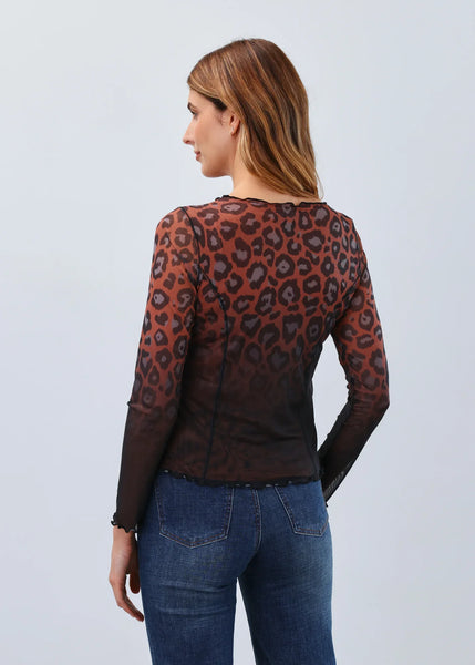 Women's French Dressing | Long Sleeve Boat Neck Mesh Top | Leopard