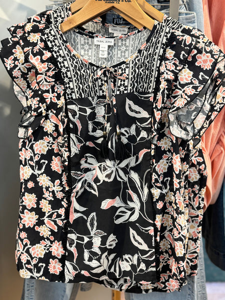 Women's Tribal Jeans | Flutter Sleeve with Tassel Blouse | Coco Milk