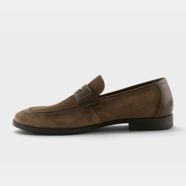 A single brown suede penny loafer shown in profile against a light gray background.