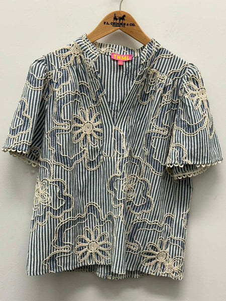 Women's THML | Short Sleeve Embroidery Top | Blue/White