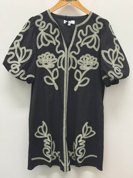 Women's THML | Puff Sleeve Embroidered Dress | Black/White