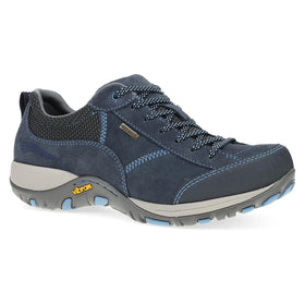 Blue hiking shoe with gray sole on a white background