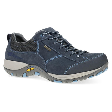 Blue hiking shoe with gray sole on a white background