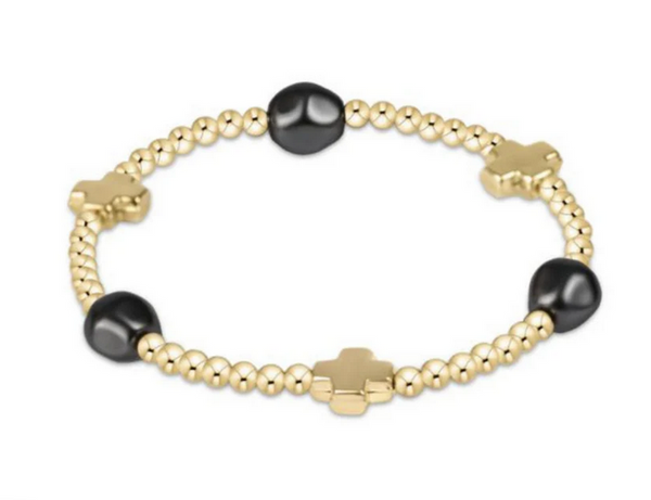 Women's e-newton | Signature Cross Admire Gold Pattern 3mm Bead Bracelet | Dark Grey Pearl