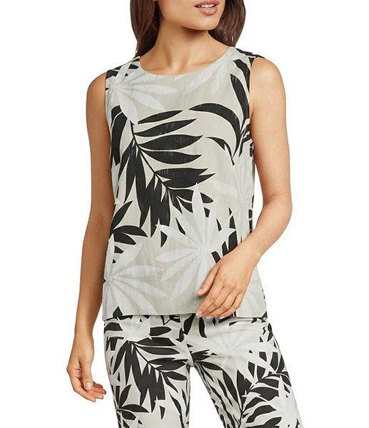 Women's Charlie B | Linen Blend Abstract Printed Sleeveless Top | Leaflet