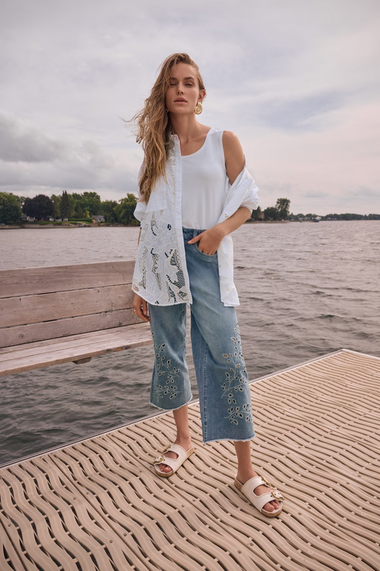 Women's Joseph Ribkoff | Embroidered Floral Cropped Trousers Style | Light Blue Denim